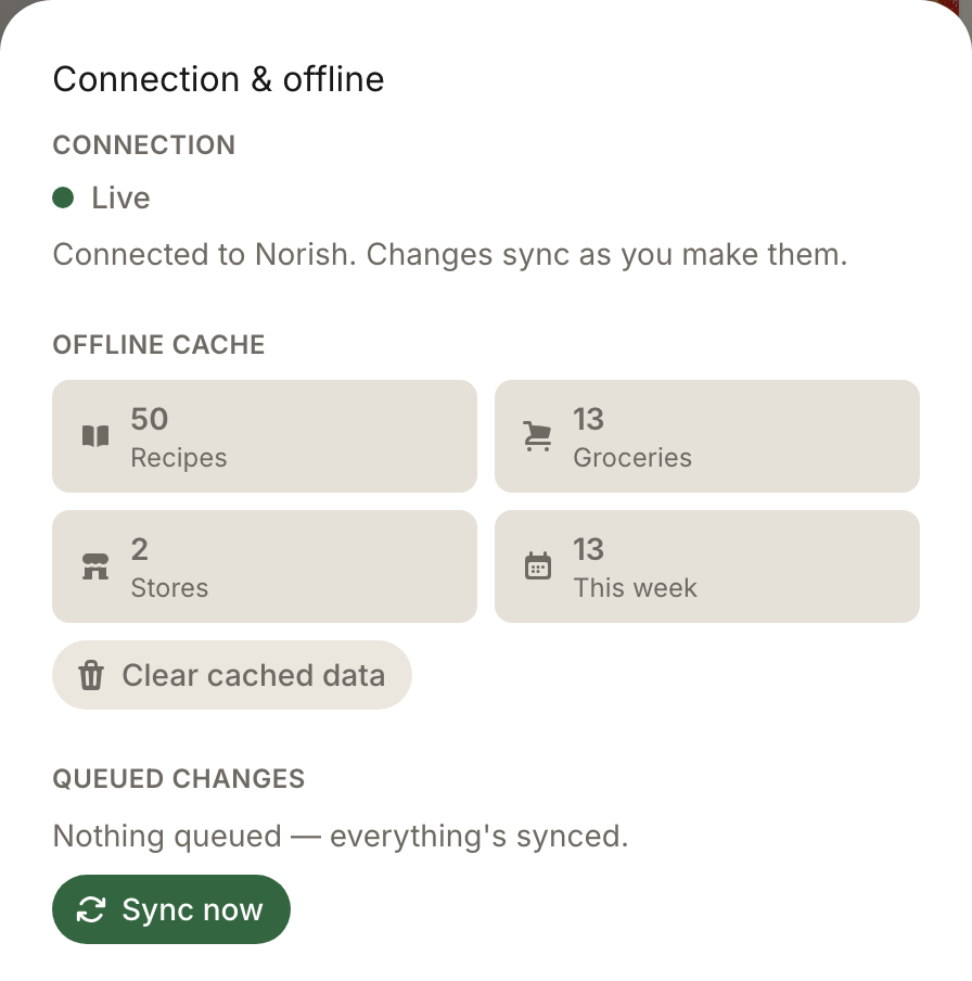 Connection and offline status in Norish