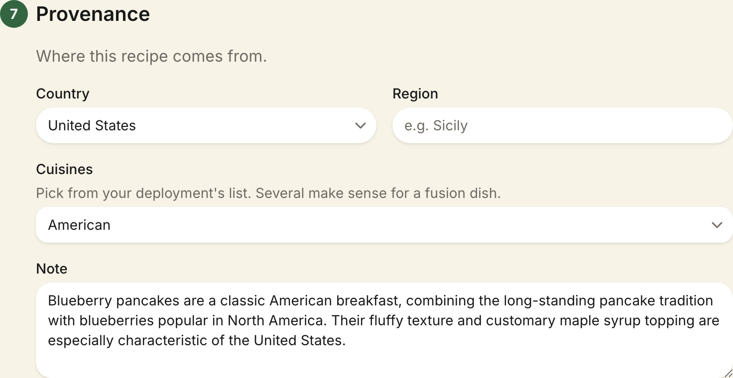 Editing recipe provenance in the recipe form