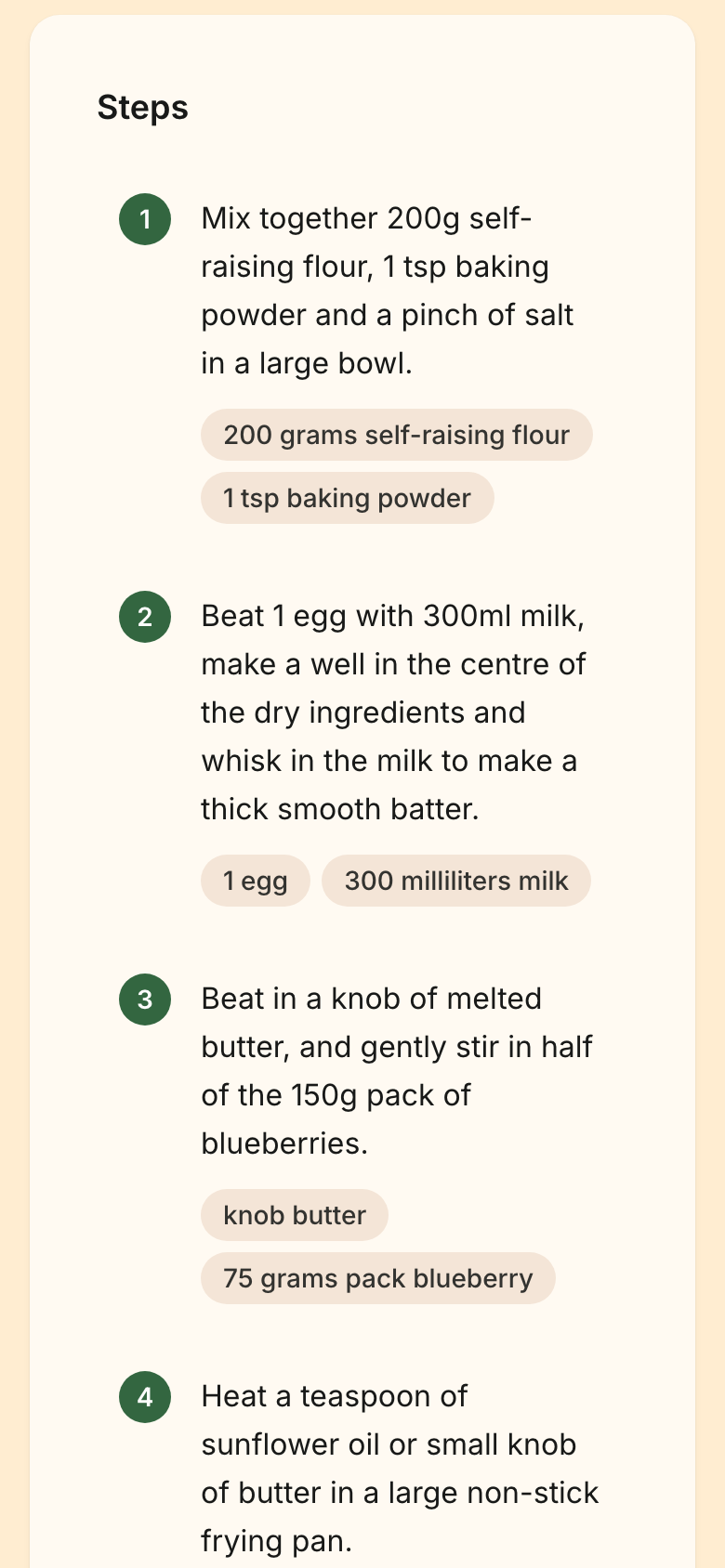 Amounts under a step on the recipe page